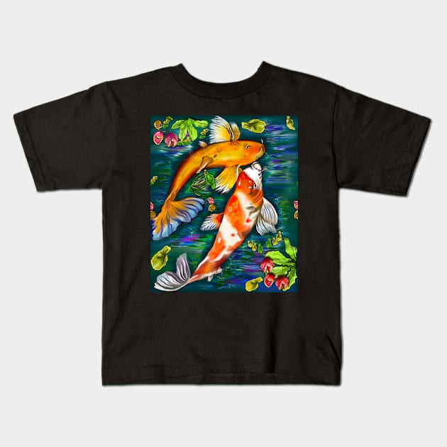 Best fishing gifts for fish lovers 2022. Koi fish pair couple swimming in koi pond with plants and flowers Kids T-Shirt by Artonmytee